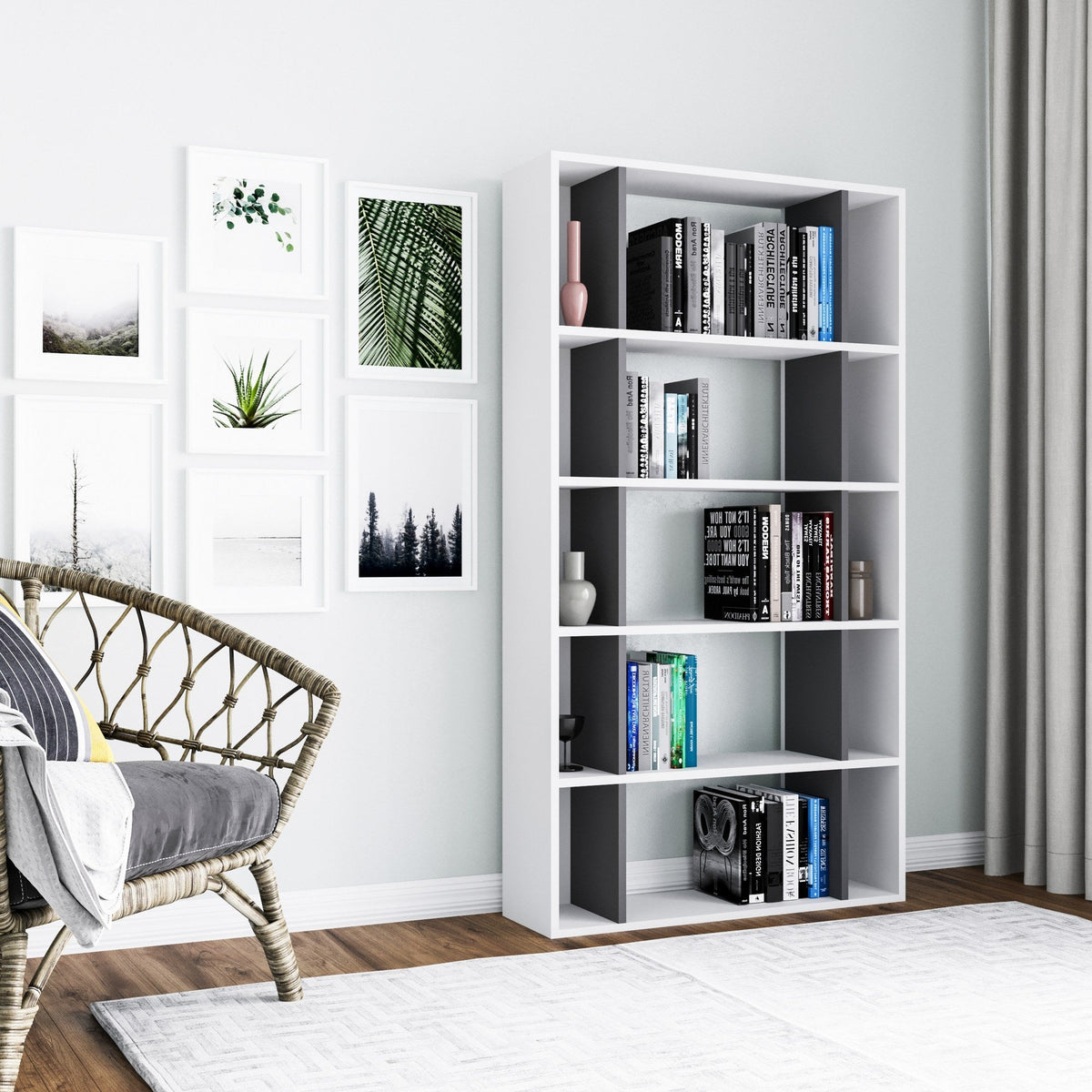 BIblioteca Sanborn, alb/gri, PAL melaminat, 90x25x164 cm
