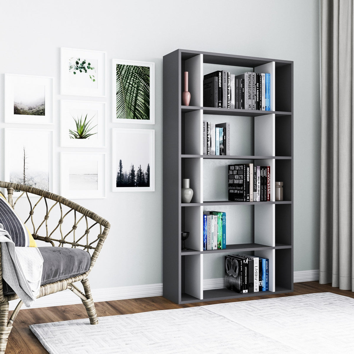 Biblioteca Sanborn, gri/alb, PAL melaminat, 90x25x164 cm