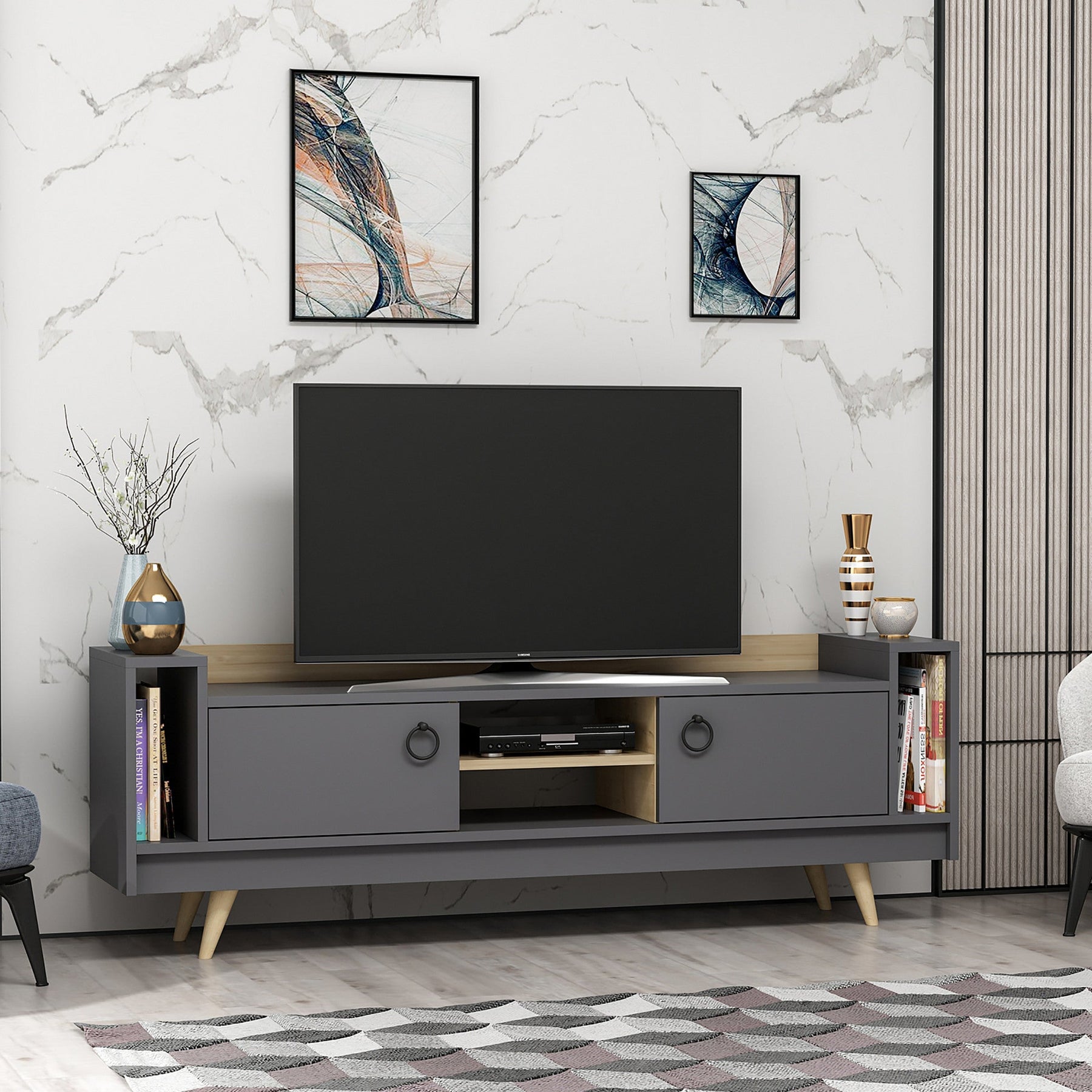 Comoda TV Tyler, gri antracit/stejar, PAL melaminat, 160x36x54 cm