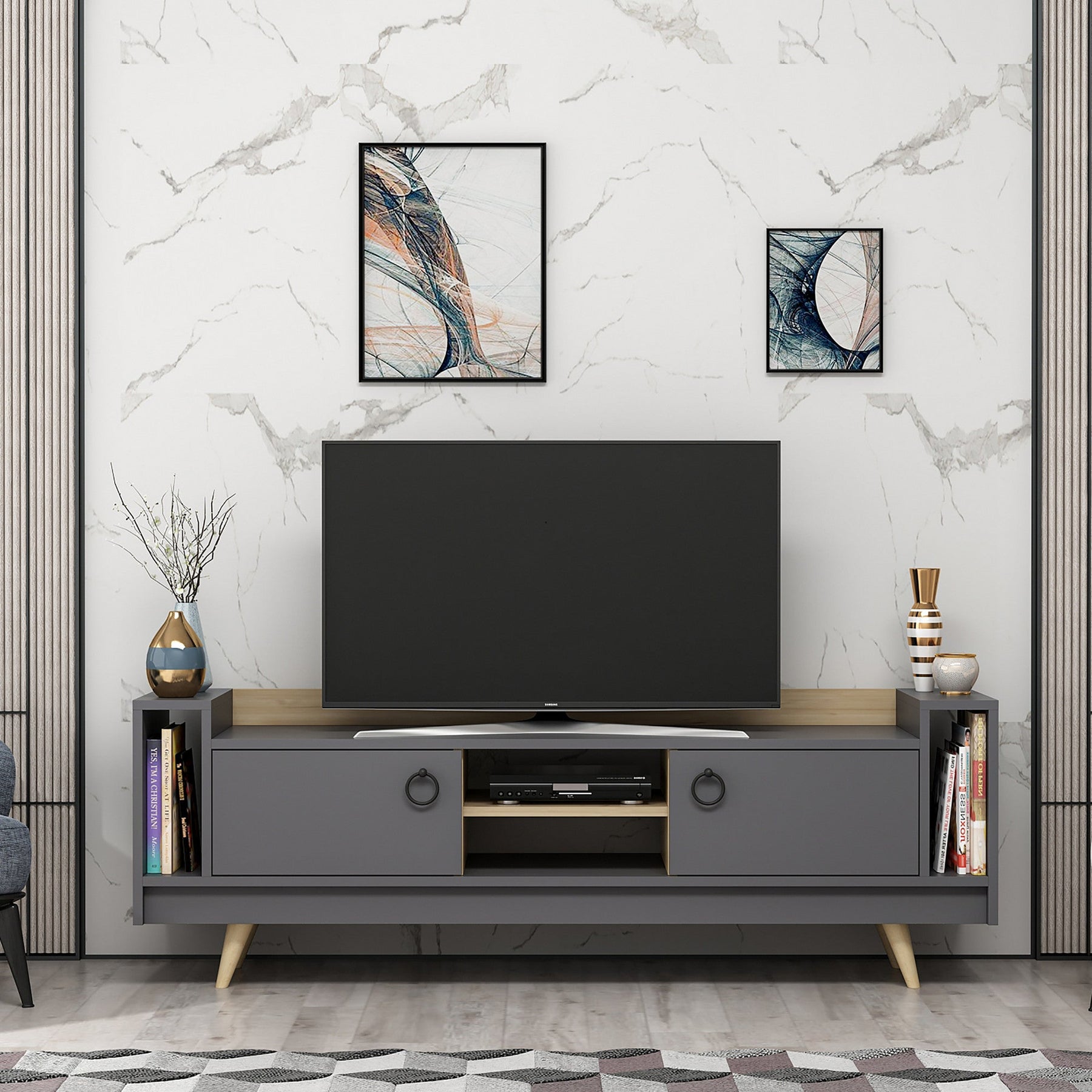 Comoda TV Tyler, gri antracit/stejar, PAL melaminat, 160x36x54 cm