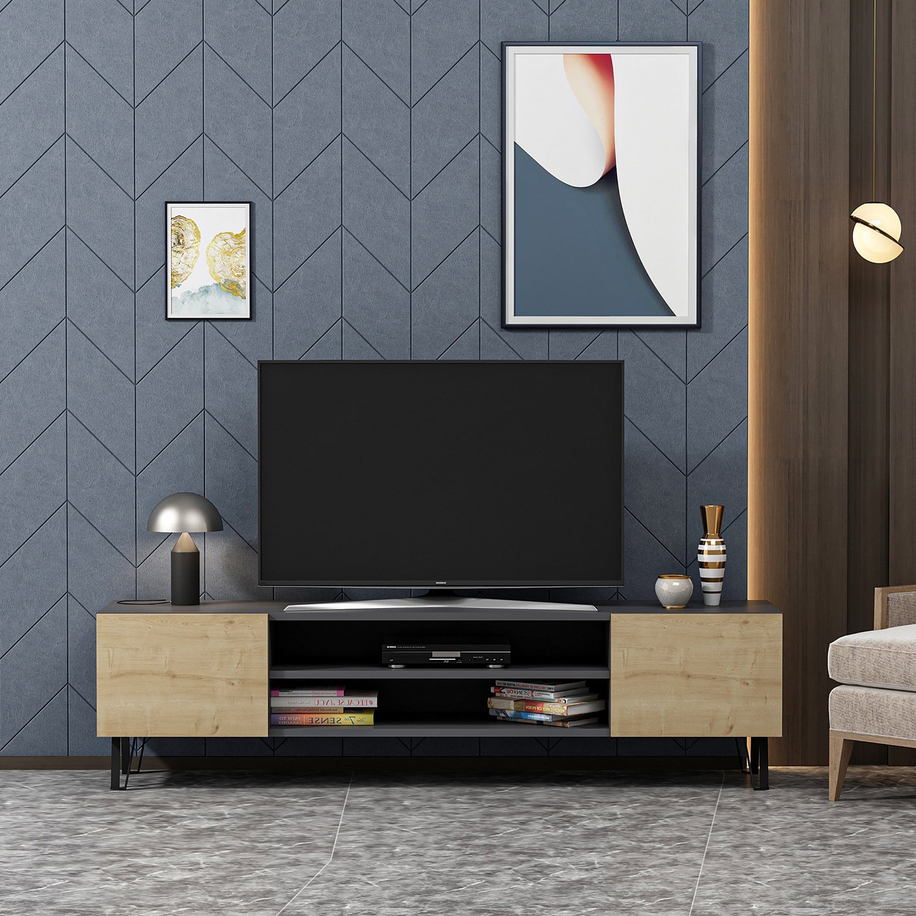 Comoda TV Bloom, gri/stejar, PAL, 160x37x47 cm