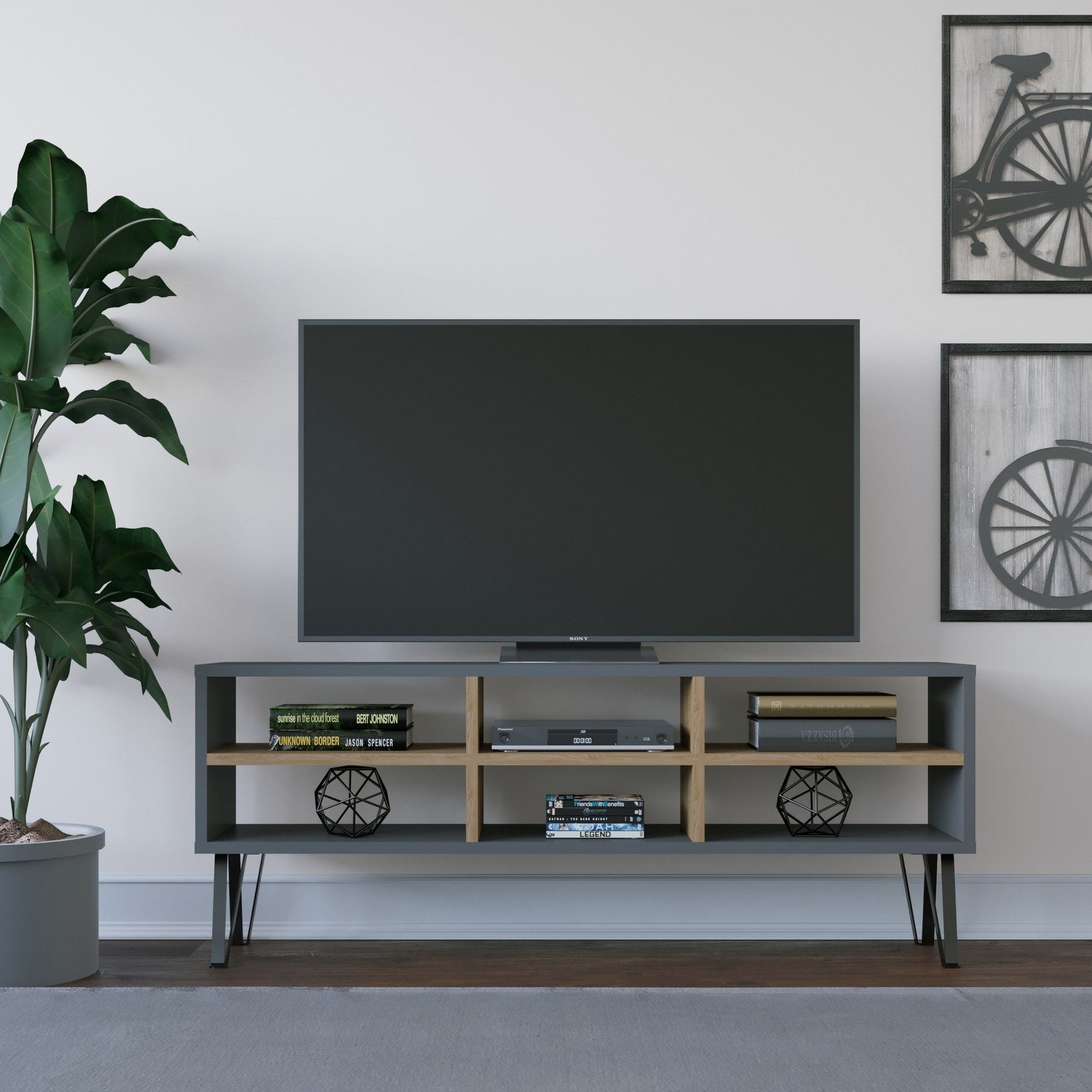 Comoda TV Judd, gri antracit/stejar, PAL, 120x25x47 cm