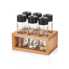 Set recipiente pentru condimente 2 buc UP00535, lemn/sticla, 18x11x6 / 4x4x15 cm