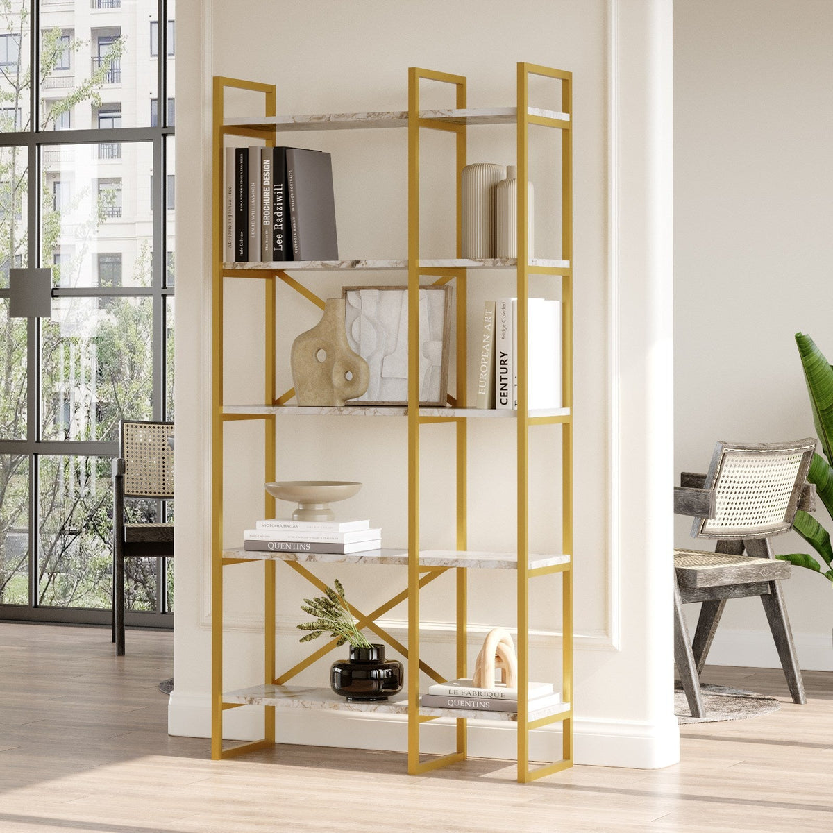 Biblioteca VG4-GE, marmura/auriu, 100% PAL melaminat, 88x175x30 cm