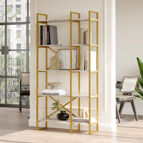Biblioteca VG4-GE, marmura/auriu, 100% PAL melaminat, 88x175x30 cm