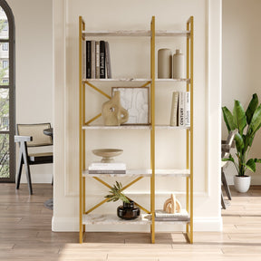 Biblioteca VG4-GE, marmura/auriu, 100% PAL melaminat, 88x175x30 cm