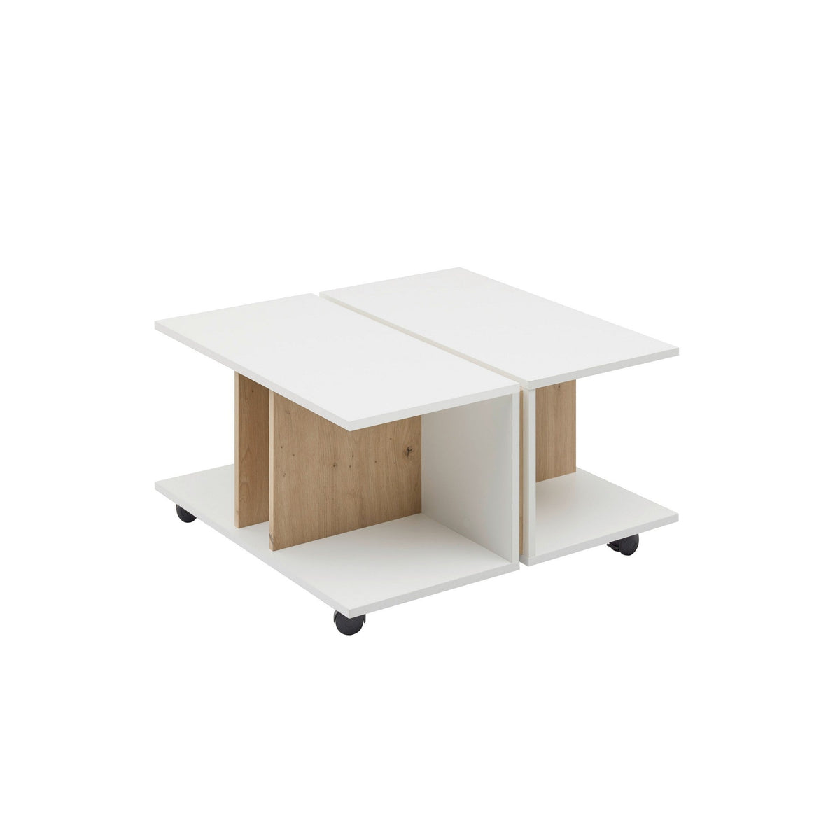 Masuta cafea Mats mini, PAL melaminat, stejar artisan/alb, cu role, 75x75x45 cm