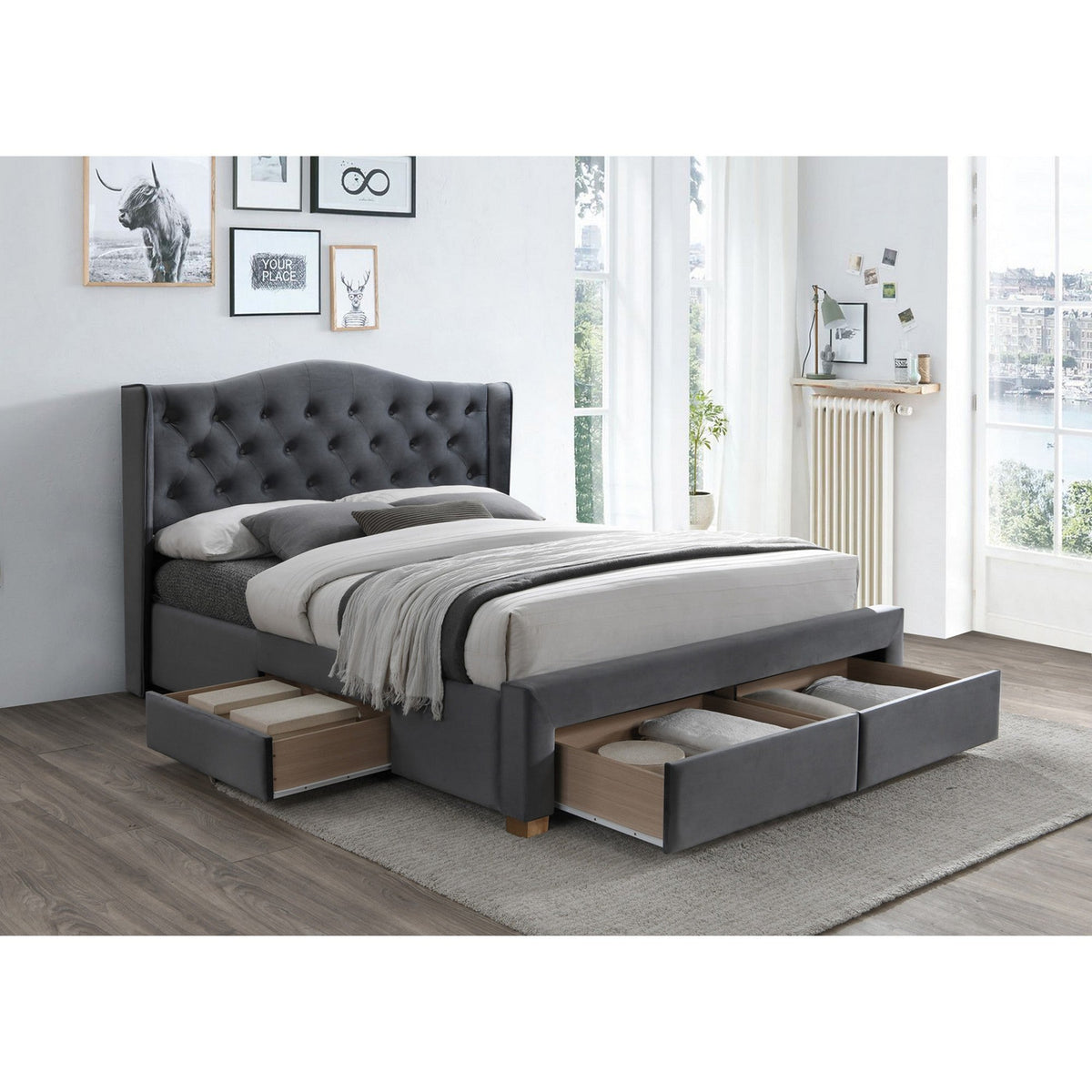 Pat ASPEN II 160x200 catifea gri/stejar BLUVEL 14, cu somiera inclusa