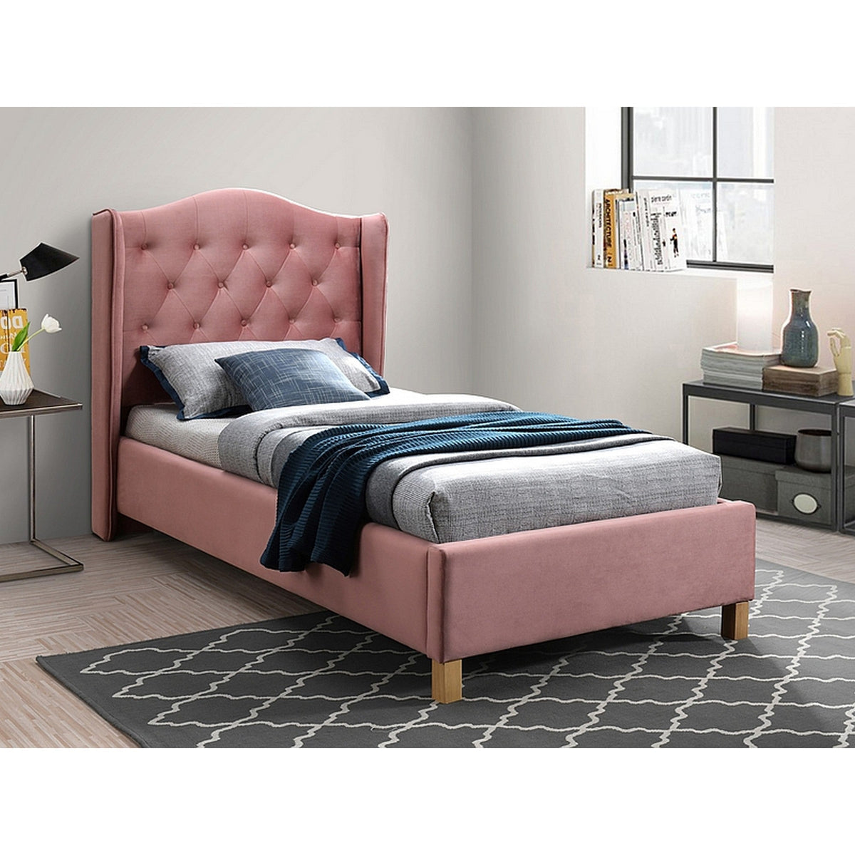 Pat ASPEN 90x200 catifea roz, cu somiera inclusa