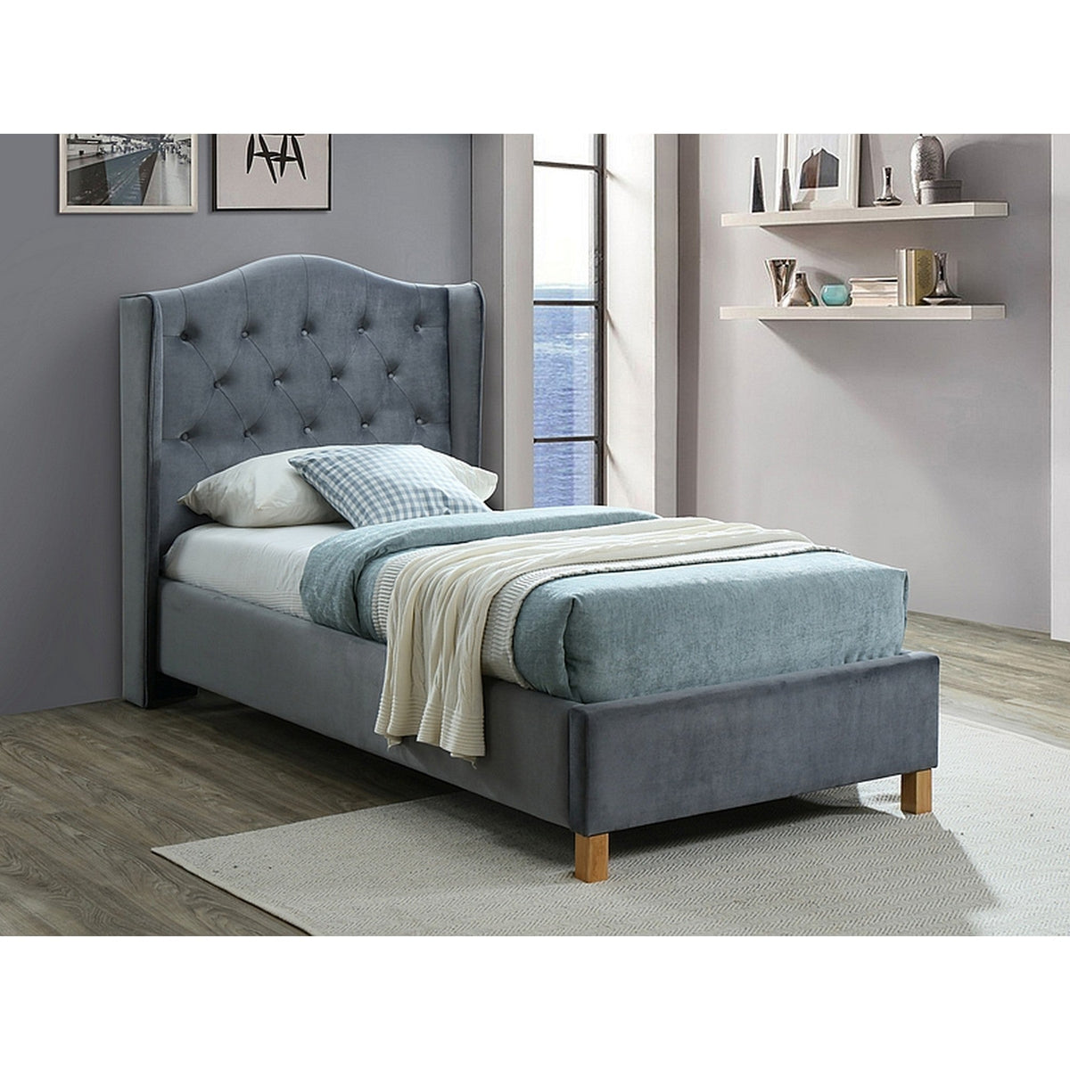 Pat ASPEN 90x200 catifea gri, cu somiera inclusa