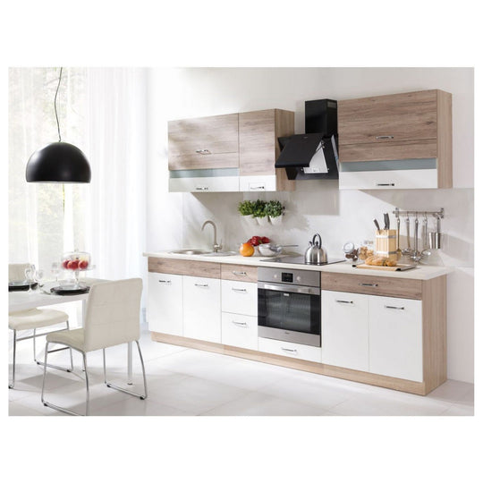 Set bucatarie ECONO A, carcasa stejar sonoma/fronturi stejar san remo si alb lucios, PAL, 270 cm, cu blatul trawertyn si plinta inclusa