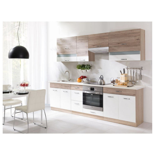 Set bucatarie ECONO C PLUS, carcasa stejar sonoma/fronturi stejar san remo si alb lucios, PAL, 260 cm, cu blatul trawertyn si plinta inclusa