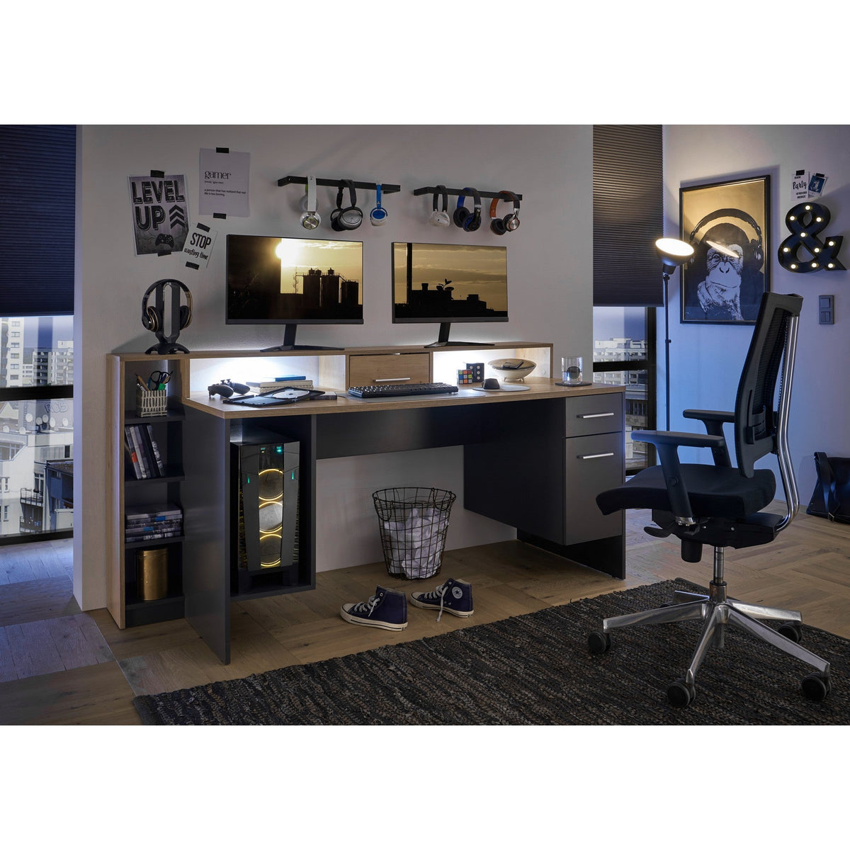 Birou gaming HIGHSCORE 4, stejar artizan/gri grafit, cu iluminare, 182x70x92 cm.