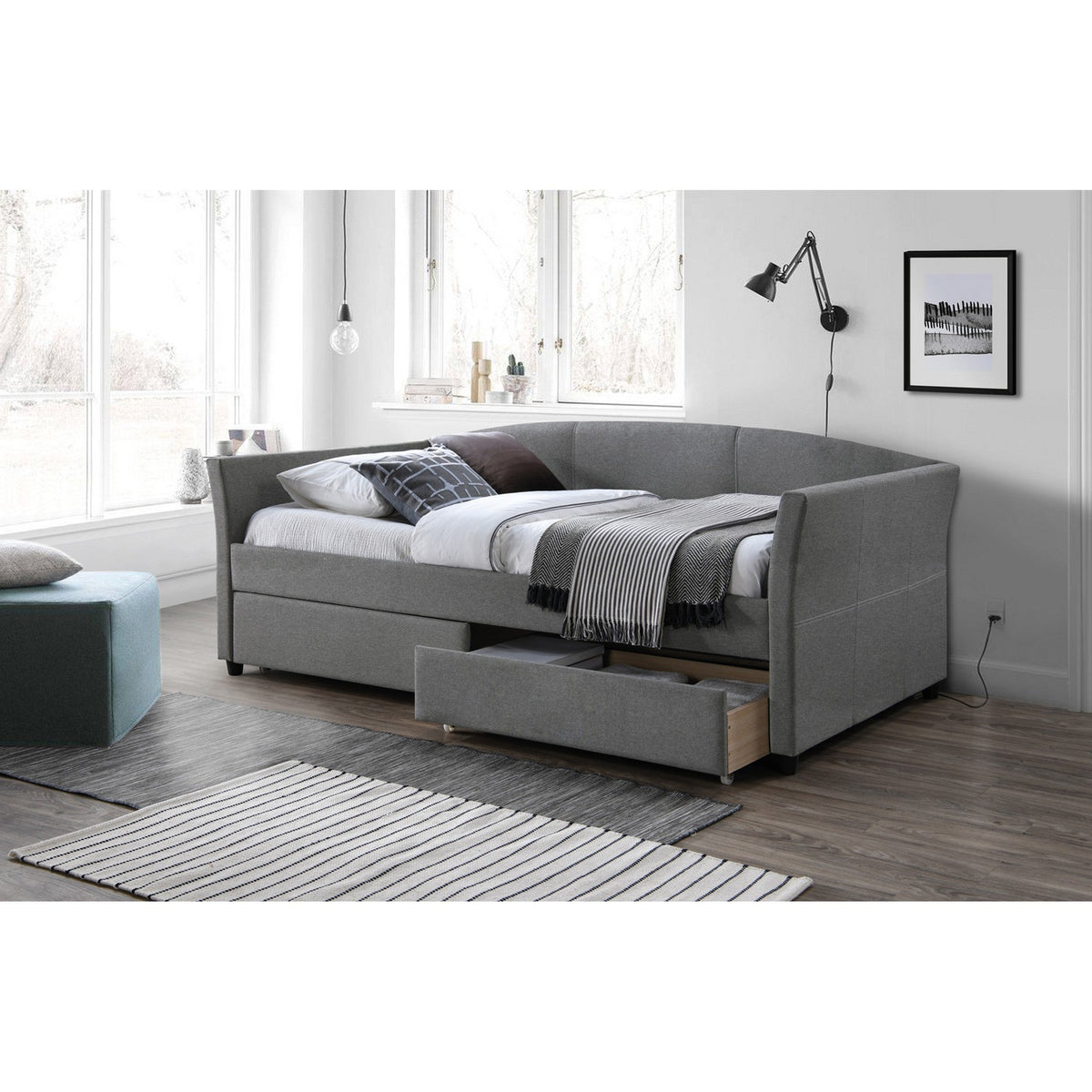 Pat cu sertare LANTA 90x200, gri/negru, cu somiera
