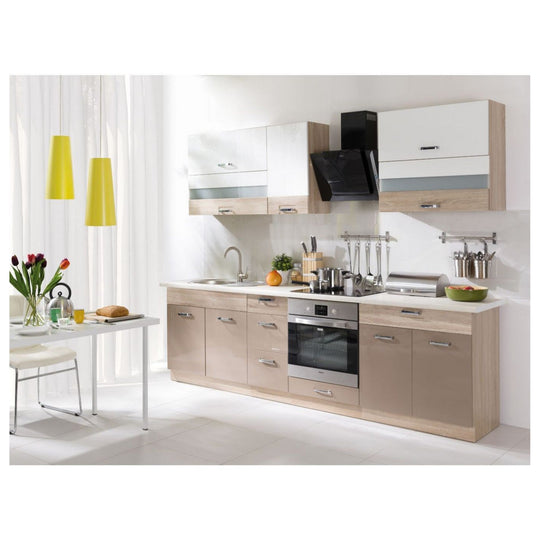Set bucatarie PREMIO A, carcasa stejar sonoma/fronturi cappuccino si alb lucios, PAL, 270 cm, cu blatul trawertyn si plinta inclusa