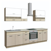 Set bucatarie PREMIO C, carcasa stejar sonoma/fronturi cappuccino si alb lucios, PAL, 260 cm, cu blatul trawertyn si plintele incluse