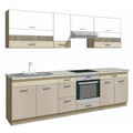 Set bucatarie PREMIO A PLUS, carcasa stejar sonoma/fronturi cappuccino si alb lucios, PAL, 270 cm, cu blatul trawertyn si plinta inclusa