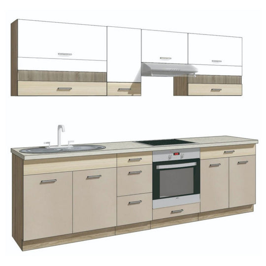 Set bucatarie PREMIO C PLUS, carcasa stejar sonoma/fronturi cappuccino si alb lucios, PAL, 260 cm, cu blatul trawertyn si plinta inclusa