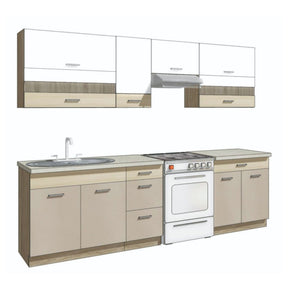 Set bucatarie PREMIO B PLUS, carcasa stejar sonoma/fronturi cappuccino si alb lucios, PAL, 270 cm, cu blatul trawertyn si plintele incluse