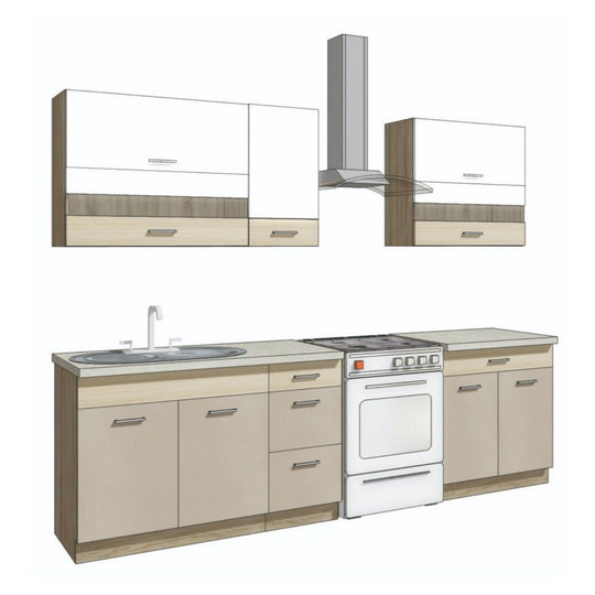 Set bucatarie PREMIO B, carcasa stejar sonoma/fronturi cappuccino si alb lucios, PAL, 270 cm, cu blatul trawertyn si plinta inclusa