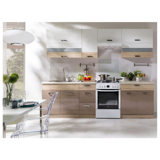 Set bucatarie PREMIO B PLUS, carcasa stejar sonoma/fronturi cappuccino si alb lucios, PAL, 270 cm, cu blatul trawertyn si plinta inclusa