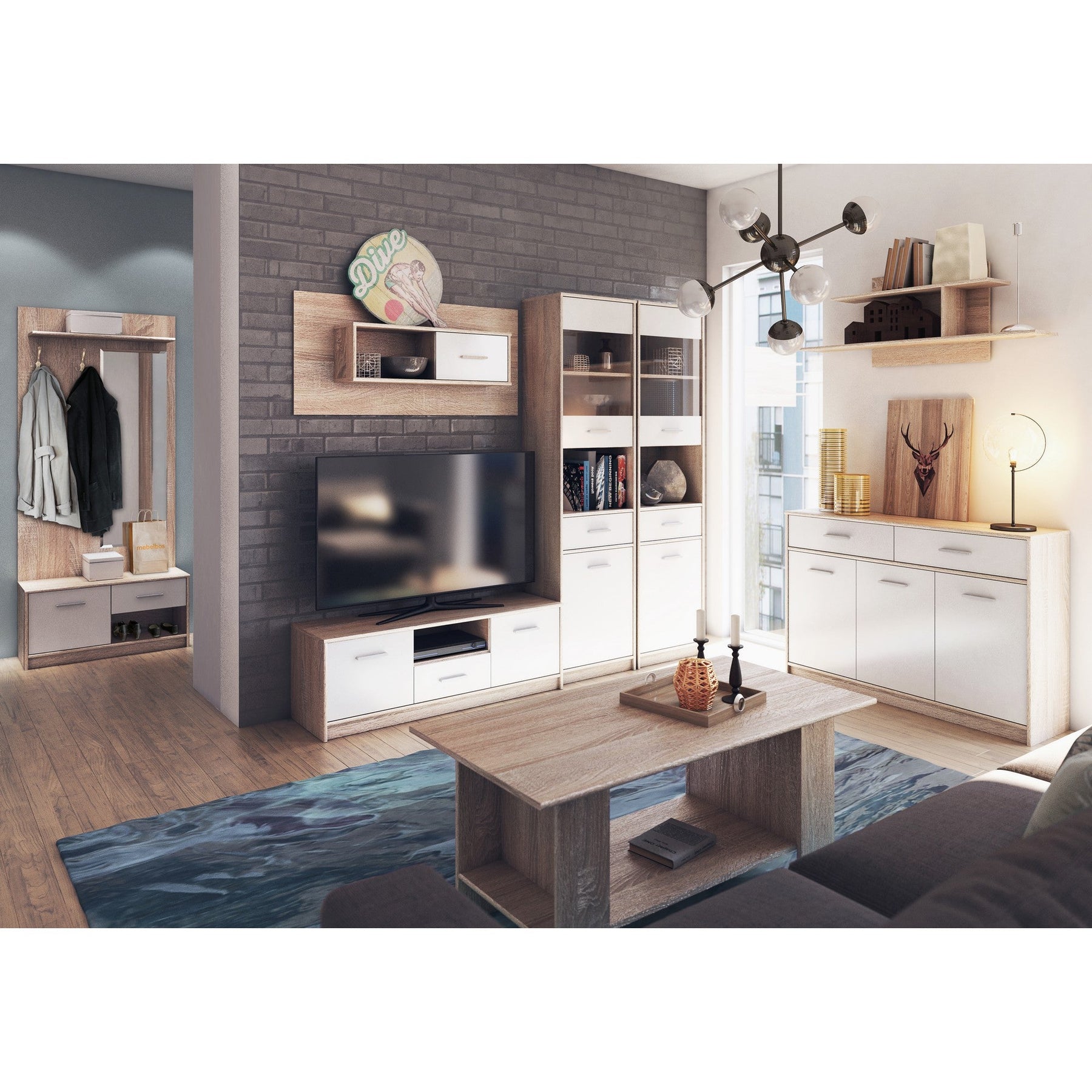 Comoda cu 2 sertare si 3 usi TIPS stejar sonoma/alb, PAL, 123x34x85 cm