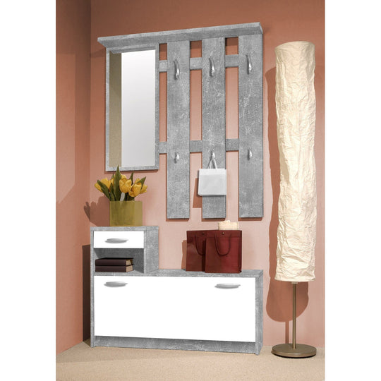 Cuier cu oglinda VERA, alb/beton, 100x25x191 cm