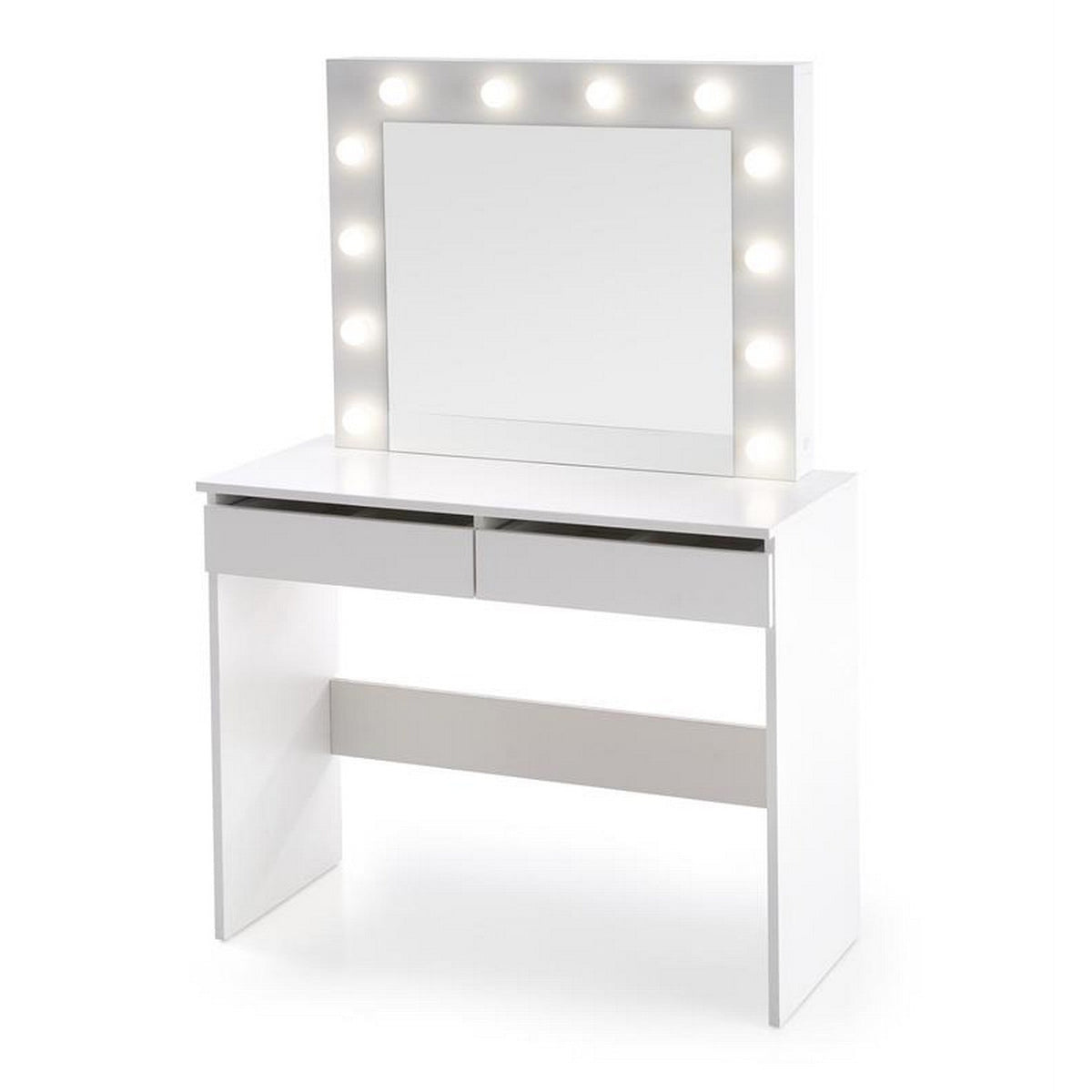 Masa de toaleta cu oglinda si iluminare led Hollywood, alb, 94x43x140 cm