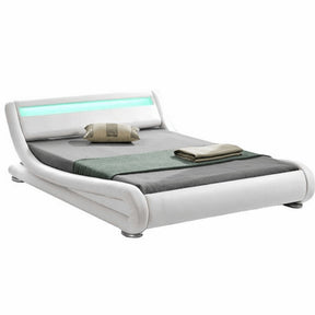 Pat dormitor FILIDA, cadru lemn/piele ecologica, alb, 180x200 cm, cu iluminare LED, somiera lamelara fixa, fara saltea