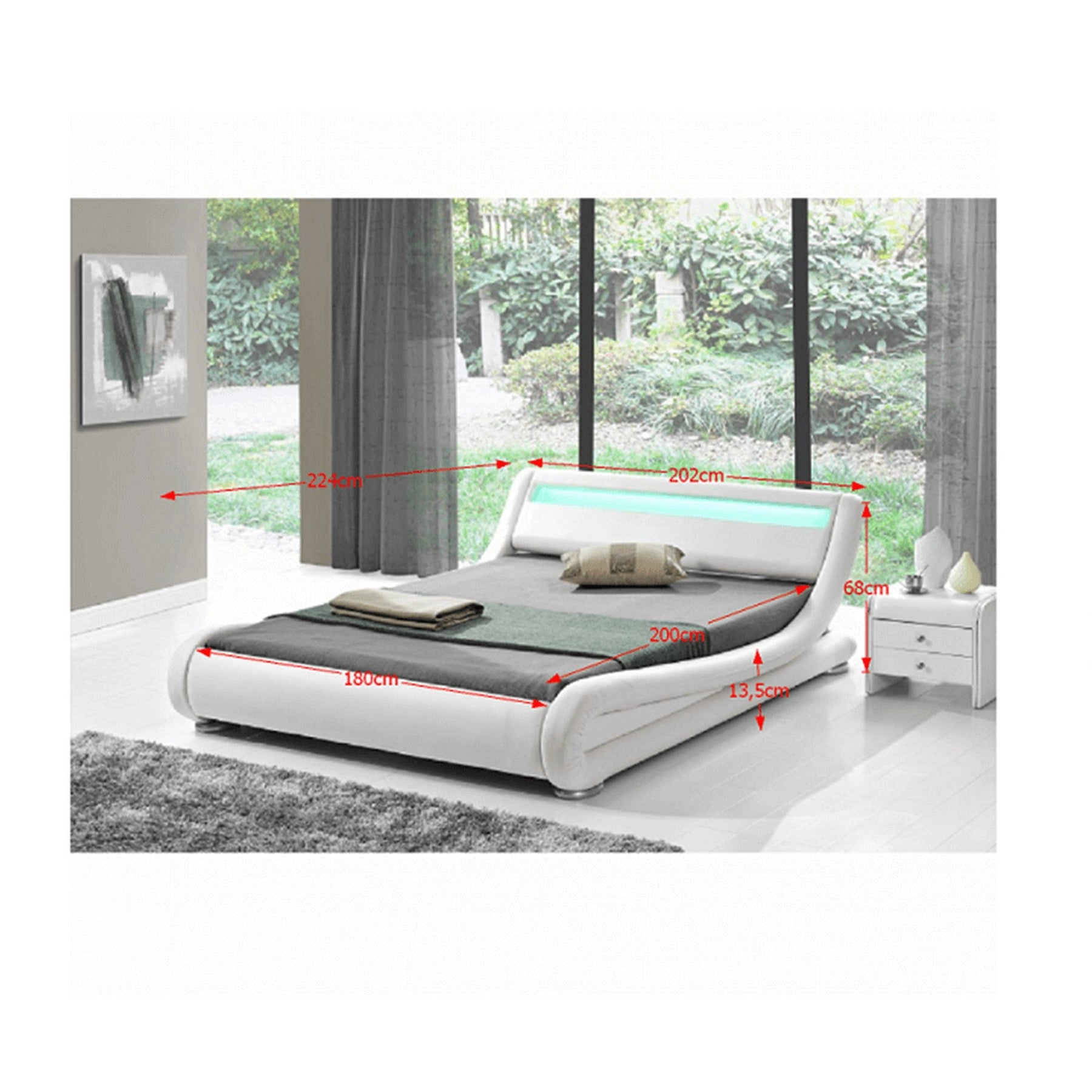 Pat dormitor FILIDA, cadru lemn/piele ecologica, alb, 180x200 cm, cu iluminare LED, somiera lamelara fixa, fara saltea