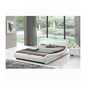 Pat dormitor FILIDA, cadru lemn/piele ecologica, alb, 180x200 cm, cu iluminare LED, somiera lamelara fixa, fara saltea