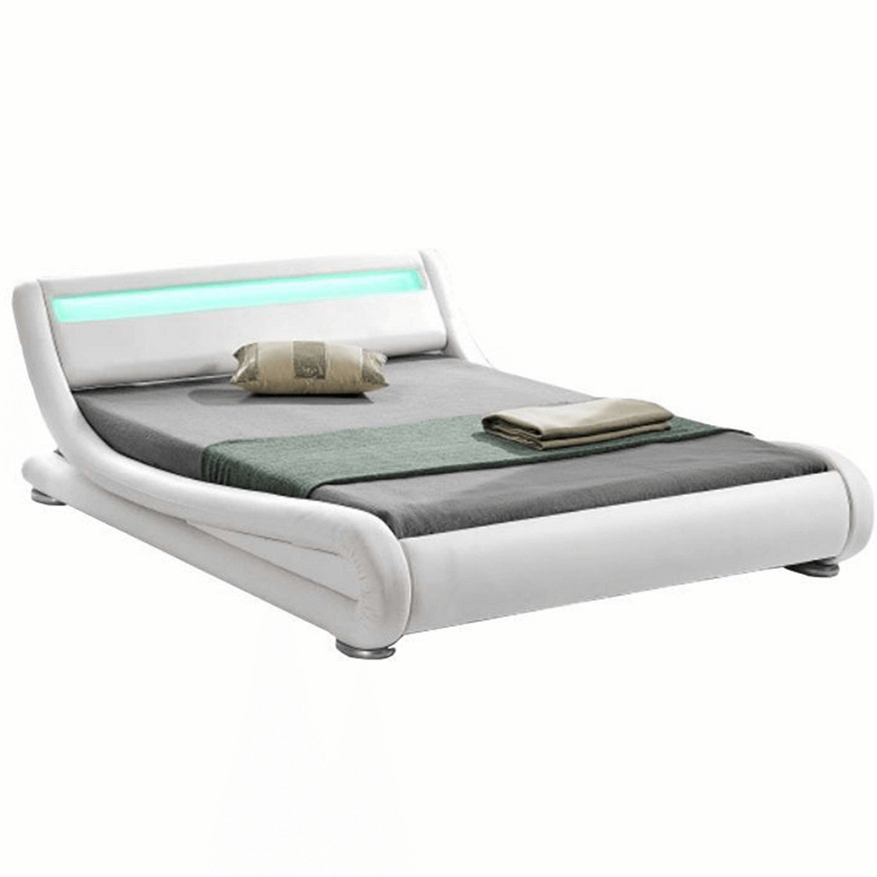 Pat dormitor FILIDA, cadru lemn/piele ecologica, alb, 160x200 cm, cu iluminare LED, somiera lamelara fixa, fara saltea