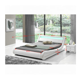Pat dormitor FILIDA, cadru lemn/piele ecologica, alb, 160x200 cm, cu iluminare LED, somiera lamelara fixa, fara saltea