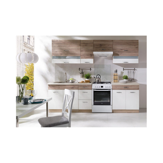 Set bucatarie ECONO B PLUS, carcasa stejar sonoma/fronturi stejar san remo si alb lucios, PAL, 270 cm, cu blatul trawertyn si plinta inclusa