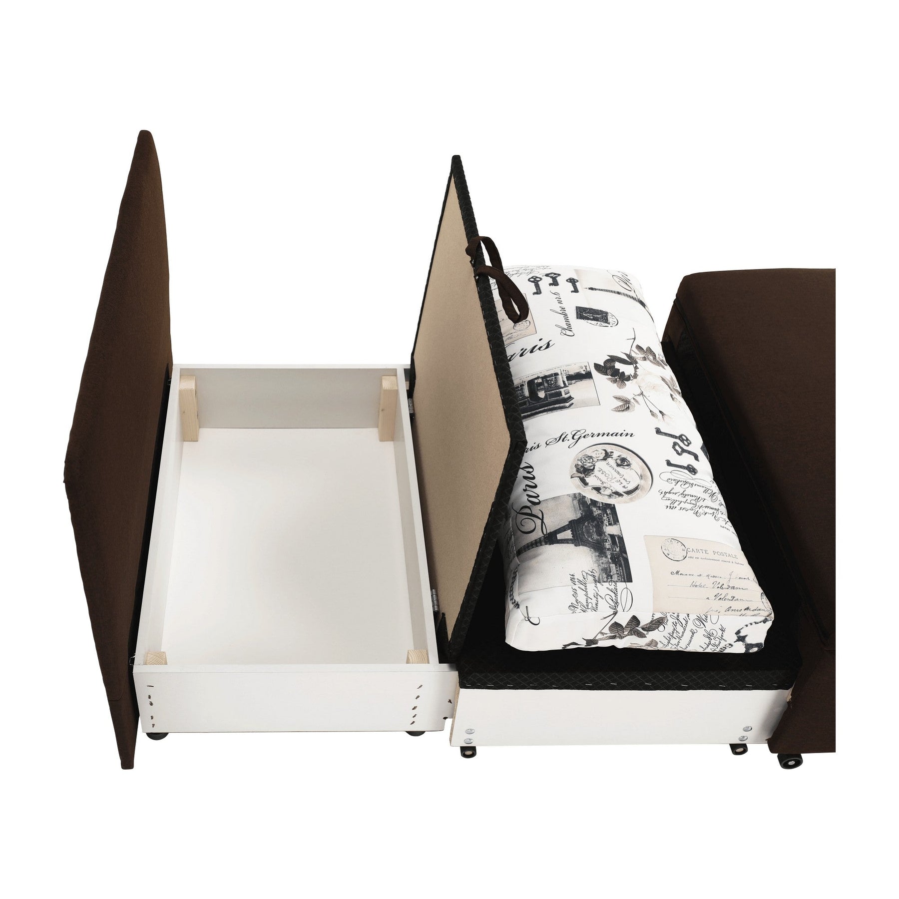 Fotoliu extensibil KENY NEW, stofa MARO - Savana 16, maro/alb cu imprimeu Paris, 100x87x90 cm, spatiu depozitare