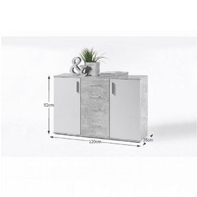 Comoda POPPY 5, 4 sertare si 2 usi, alb/beton, 120x82x35 cm.