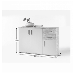 Comoda POPPY 2, 2 sertare si 3 usi, alb/beton, 120x82x35 cm.