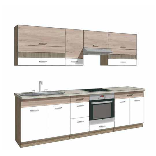 Set bucatarie ECONO A PLUS, carcasa stejar sonoma/fronturi stejar san remo si alb lucios, PAL, 270 cm, cu blatul trawertyn si plinta inclusa
