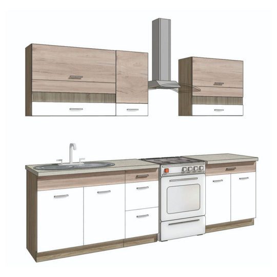 Set bucatarie ECONO B, carcasa stejar sonoma/fronturi stejar san remo si alb lucios, PAL, 270 cm, cu blatul trawertyn si plinta inclusa