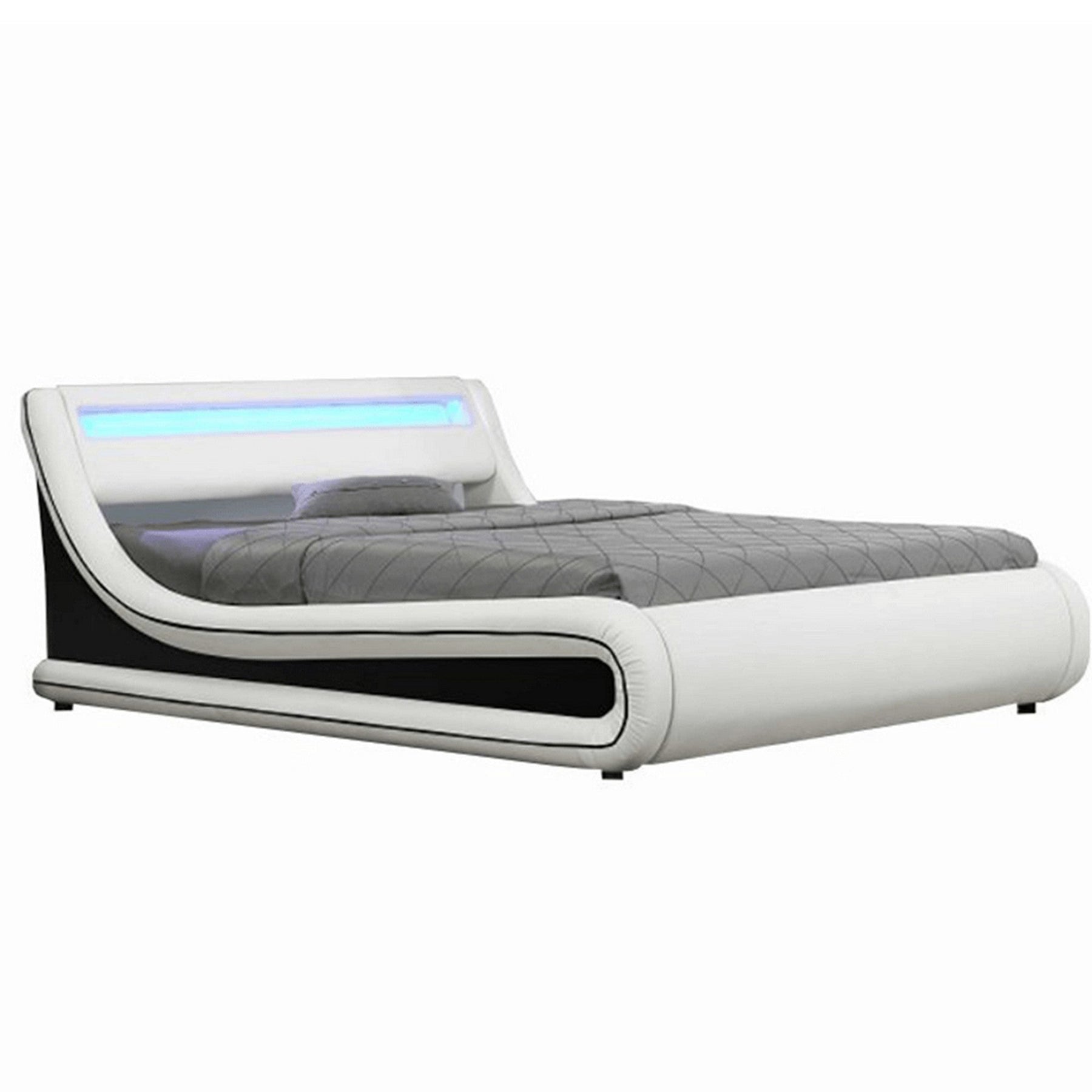 Pat dormitor MANILA NEW, piele ecologica, alb/negru, 180x200 cm, cu iluminare LED RGB, somiera lamelara reglabila si lada de depozitare, fara saltea