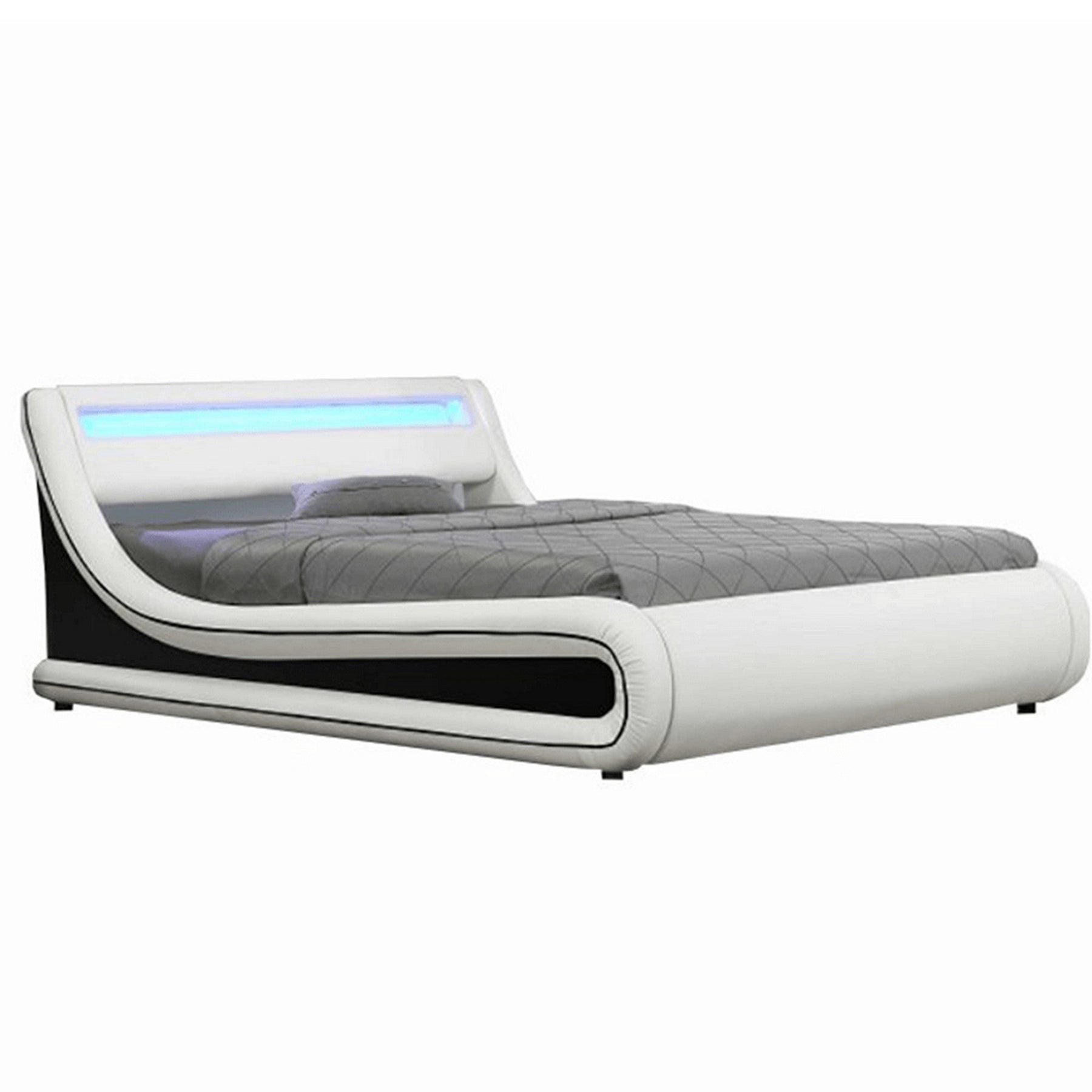 Pat dormitor MANILA NEW, piele ecologica, alb/negru, 160x200 cm, cu iluminare LED RGB, somiera lamelara reglabila si lada de depozitare, fara saltea