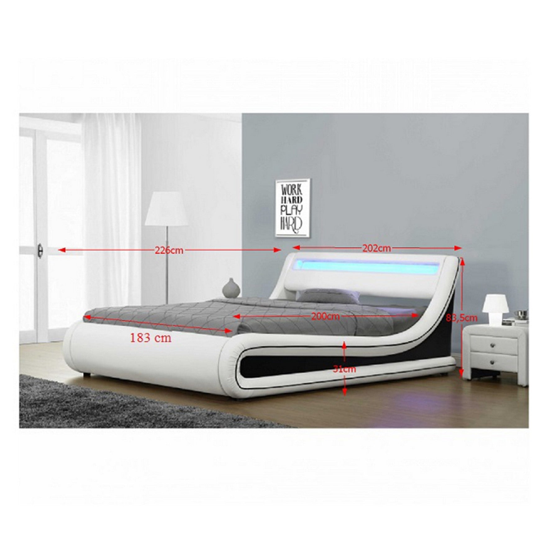 Pat dormitor MANILA NEW, piele ecologica, alb/negru, 160x200 cm, cu iluminare LED RGB, somiera lamelara reglabila si lada de depozitare, fara saltea