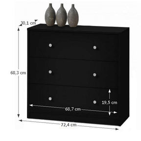 Comoda MAY 3, PAL melaminat, negru, 3 sertare, 72,4x68,3x30,1 cm