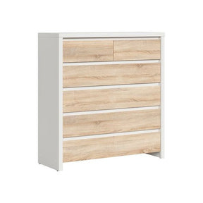 Comoda cu 6 sertare alb mat/stejar sonoma KASPIAN, KOM6S, 104,5X40.5X112 CM