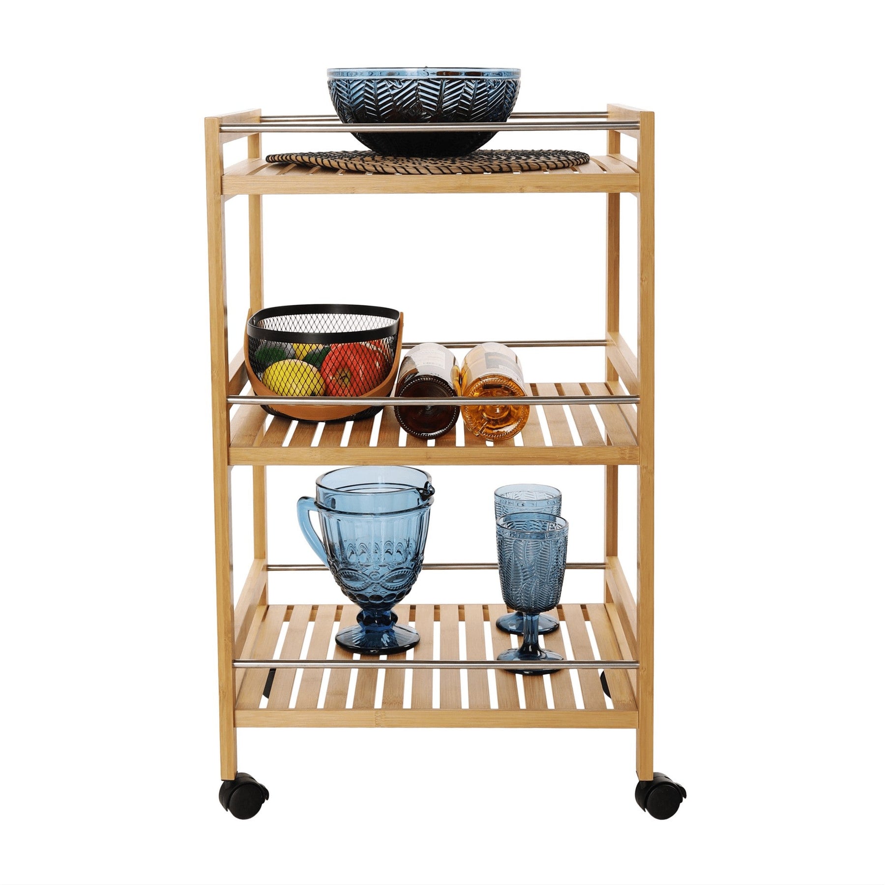 Carucior de servire NASHY, bambus / oţel inoxidabil, 47x38x76 cm