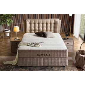 Pat Bio Life, stofa crem, cu lada pentru depozitare, somiera si port USB, 160x200 cm