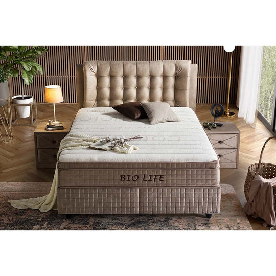 Pat Bio Life, stofa crem, cu lada pentru depozitare, somiera si port USB, 140x200 cm