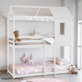 Pat supraetajat montessori ATRISA, lemn masiv de pin, alb, 90x200 cm, cu scara, somiera lamelara rulanta, fara saltea