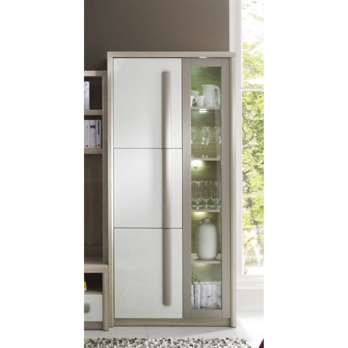 Vitrina ROMA 2, stejar/alb/gri, PAL/sticla, 90X43X194 CM