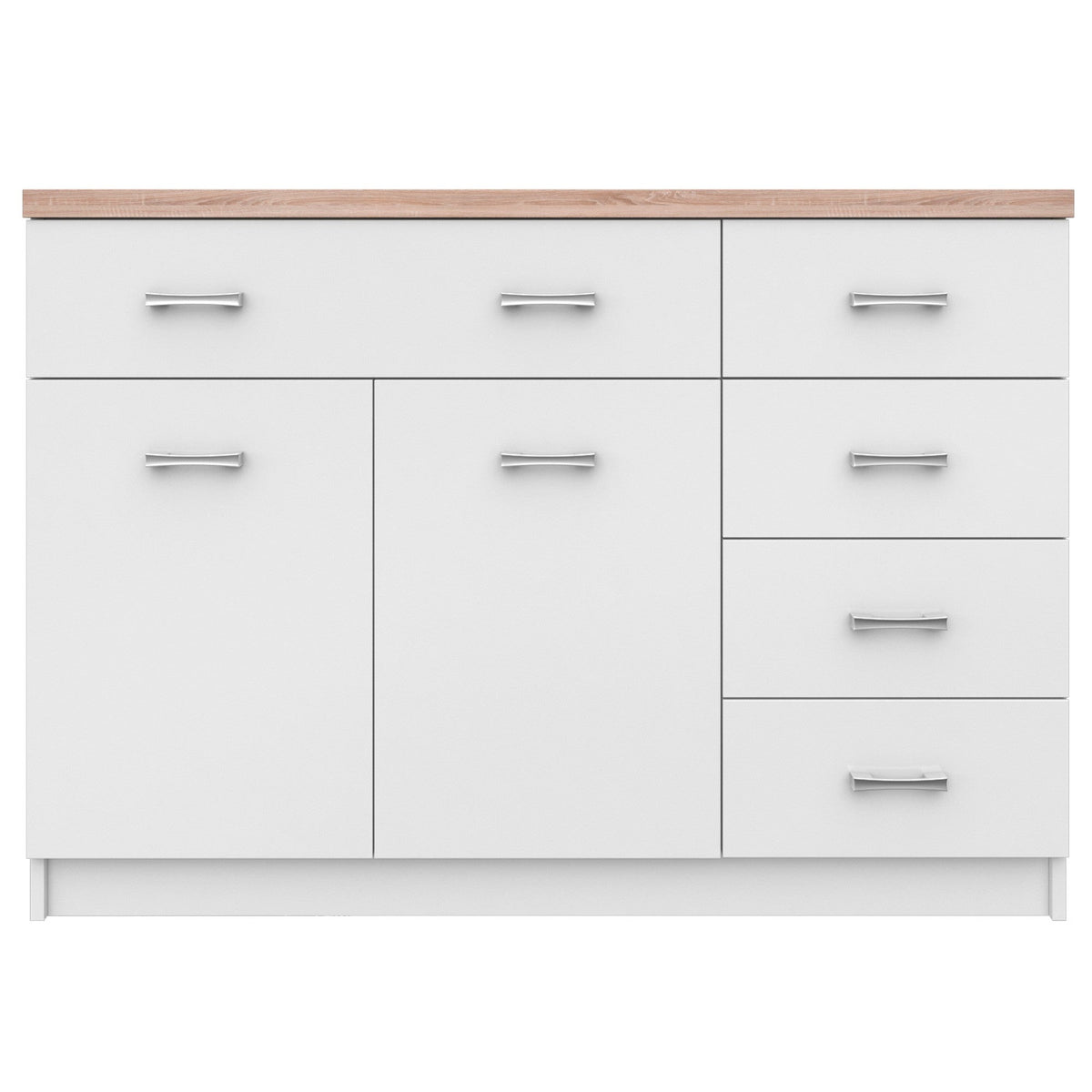 Comoda TOP MIX, cu 2 usi si 5 sertare, alb/stejar sonoma, 120x33x85 cm